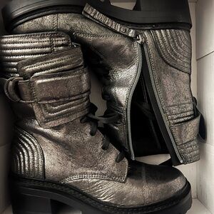 Silver and Black Combat Moto Boots with Chunky Heel